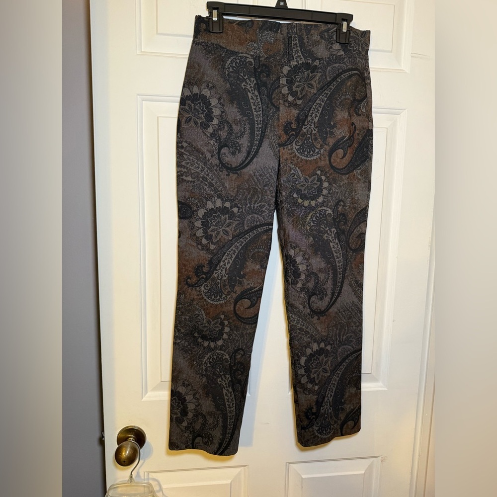 Joseph Ribkoff Paisley Pants Size 6 Black Brown Gray Slim Leg Pull-on Stretch